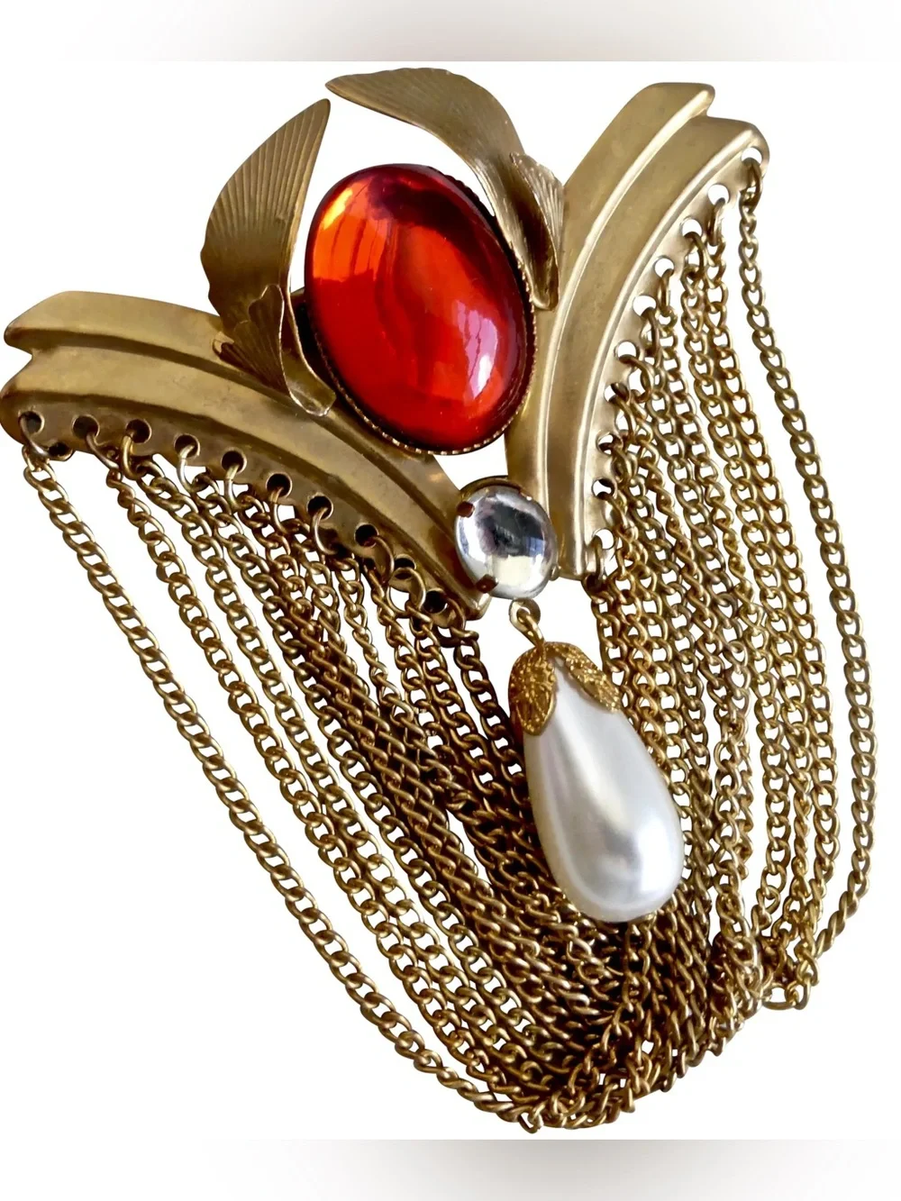 Large gold Tone Vintage Brooch w/Red Oval Stone, Faux Pearl Drop & chain Fringe.